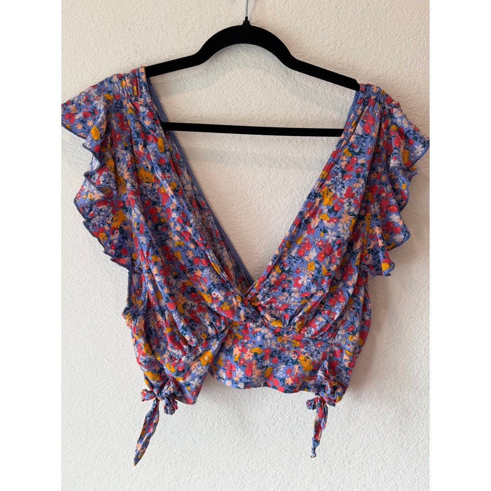 Free People Floral Ruffle V-Neck Smocked Crop Top Blue XL Boho Festival
